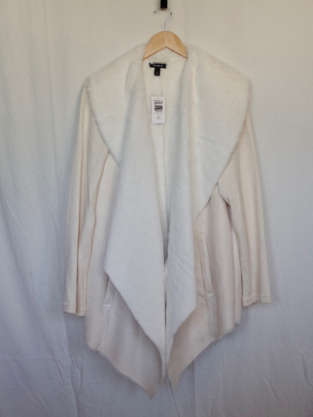 White Faux Suede & Faux Fur Drape Front Jacket